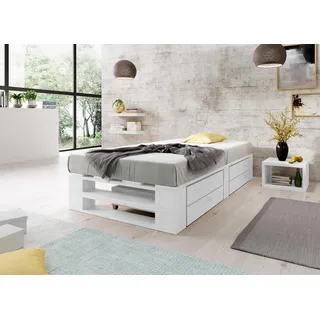 Lermowood Palettenbett M2 aus Holz 100 x 200 cm Weiß mit Lattenrost und 2 Bettkästen Holzbett 30cm Stabiles Seniorenbett Kinderbett Jugendbett Gästebett erhöhtes Bettgestell Futonbett Komforthöhe