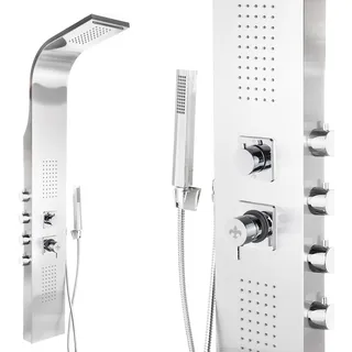 Steinkirch Edelstahl Duschpaneel SK-9304 mit Eckmontage-Set + Thermostat Duscharmatur Regendusche Duschstange mit Duschkopfhalterung Regenduschkopf Dusche mit Körperdüsen Handbrause