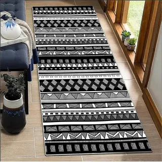 BORKOY Teppich Läufer Flur Schwarz-Weiß Marokko Design 120x300cm rutschfest Modern Küchenteppich Waschbar, Kontrastreicher Flurläufer für Wohnzimmer Büro - Meterware Polyester Lang 40-120cm anpassbar
