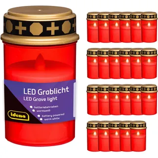 Idena 90394 - LED Grabkerzen mit Deckel, 24 Stück je 6,5 x 12 cm, Grablicht aus Kunststoff in Rot und Gold, batteriebetriebene Trauerkerzen für draußen