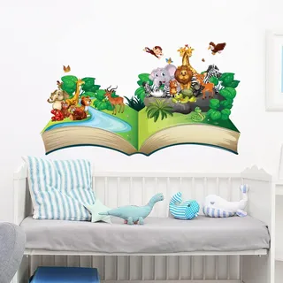 Wandaufkleber Kinder - Dekoration Babyzimmer - Wandtattoo Kinderzimmer - Wandaufkleber Tiere Wunderbuch H50 x L 90 cm