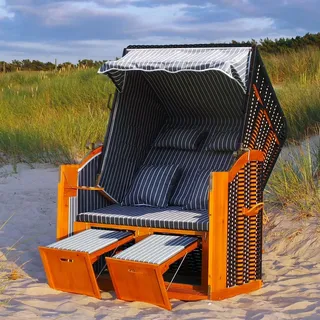 LED Strandkorb XXL inkl. Abdeckcover Luxus Volllieger Gartenliege Ostsee + 4 Kissen, Klapptische, Zeitungsfächer - grau/weiß - Nadelstreifen - Grau/Weiß