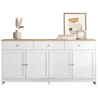 HAUSS SPOLE Sideboard Sideboard Beistellschrank Beistelltisch Kommode Aufbewahrungsschrank (Aufbewahrungsschrank mit drei Schubladen und vier Klappen, 1 St., Sideboard im Landhausstil), Praktische Aufbewahrung weiß