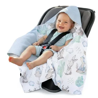 Medi Partners Einschlagdecke Baby Babyschale 100% Baumwolle für Sommer 85x85cm Kinderwagen Kuscheldecke universal Baby Decke Einschlagdecken Babydecke Buggy Autositz(Reh und Igel mit blau Waffel)