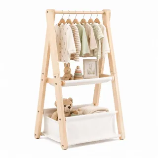 QUBEBU Kleiderständer Kleiderständer für Kinder, Holz Kindergarderobe mit Aufbewahrungskorb, (Klappbar Kinderkleiderschrank Kindergarderobe mit Ablagen, 101x71x30cm, 1 St., Kinderzimmer Standgarderobe Dress-up-Ständer für Baby Kinder)
