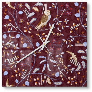 DEQORI Wanduhr 'Eulen in Blätterranken' (Glas Glasuhr modern Wand Uhr Design Küchenuhr) rot 30 cm x 30 cm