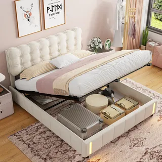 QMTXBYJ Polsterbett Doppelbett 160x200 cm mit LED Beleuchtung, Hydraulisch Bett 160x200 mit Bettkasten und Lattenrost, Stauraumbett Jugendbett Rückenlehne Bett aus Massivholz und Samt,ohne Matratze