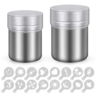 Heatigo Pack Edelstahl-Pulverstreuer, Schokoladenstreuer, Streuer, Bagger, Kaffee- und Kakaostreuer mit feinmaschigem Deckel, Power-Dose zum Backen, Kochen, Zuhause, Restaurant mit 16 Druckformen, Sch