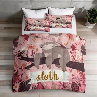 Bettdecke für alle Jahreszeiten ohne Bezug 135 x 200 cm mit Tiermotiv Faultier und Blumen, Mikrofaser Steppdecke + 2 Kissenbezüge, Atmungsaktive ...