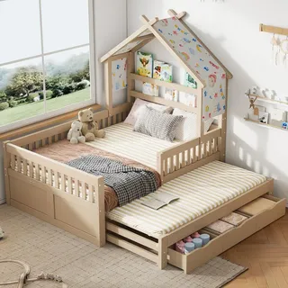 stilvora Kinderbett Hausbett 140 x 200 cm Kiefer massiv Creme