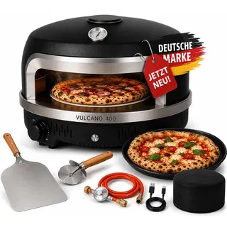 Gas Pizzaofen mit automatischem Drehteller, Outdoor Pizza Ofen bis 400 Grad, Pizza Oven mit USB C Anschluss, Steinofen Cordierit Pizzastein, 6,0 kW Gasbrenner, Komplettset Pizzaschaufel, Thermometer