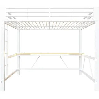 MODFU Hochbett Metall/MDF Weiß 160x200 cm mit Schreibtisch, LED-Beleuchtung und USB-Ladestation