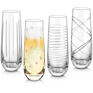 Joeyan 290ml Sektgläser ohne Stiel 4er Set,Kristall Champagner Gläser | ausgefallene Geriffelt Sektflöten mit Linie Dot,Graviert Sektschalen Rotweinglas Weißweinglas ohne fuß für Bar Zuhause Party