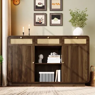 Merax Rattan Sideboard – Kommode mit 3 Schubladen & 2 Türen, Schubladenschrank mit Goldgriffen & offenem Regal, Höhenverstellbare Einlegeböden, für Wohnzimmer & Esszimmer,Nussbaum 120x40x85cm