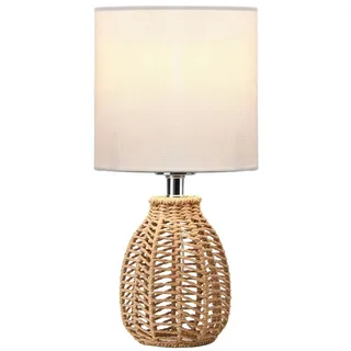 EcoGehen Tischlampe Wohnzimmer Nachttischlampe mit Rattan Lampenschirm Vintage Landhaus Tischlampen Tischleuchte mit Weiß Stoffschirm aus Leinen für Modern Boho Deko Schlafzimmer Nachttisch Geschenk