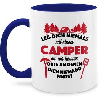 Shirtracer Tasse »Leg dich niemals mit einem Camper an Tasse - Kaffeetasse mit Spruch - Tasse zweifarbig«, Keramik, camper tasse - tassen camping - kaffetassen sprüche blau