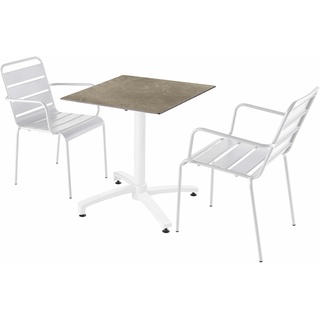 Oviala Business Set Terrassentisch Laminat Marmor beige mit 2 weißen Sesseln