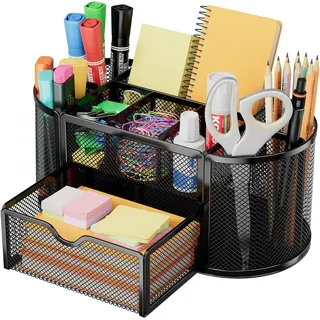 DHGKVK Schreibtisch Organizer,stiftehalter schreibtisch,Mesh Metall Desktop Büro Organizer mit 8 Stifthaltern und 1 Schublade,Es Platz zu Hause, in der Schule oder im Büro sparen. (Schwarz)