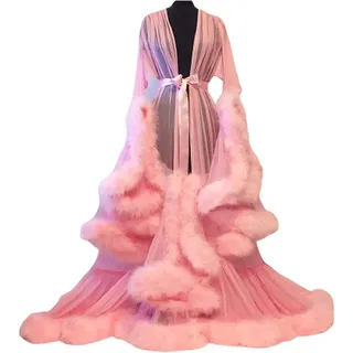 Generisch Sexy Damen-Nachthemd Flauschiges Sexy Nachthemd Pyjama aus NetzspitzeLanger Transparentes Nachthemd-Set Feder-Nachthemd Nachthemd mit Glockenärmeln,004,One Size