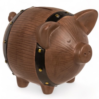 MIJOMA Sparschwein im Weinfass-Design, Spardose Fass-Schwein aus Keramik, 16x12,5x13 cm, mit Schlüssel, Dekorative Sparbüchse (Braun-Schwarz)