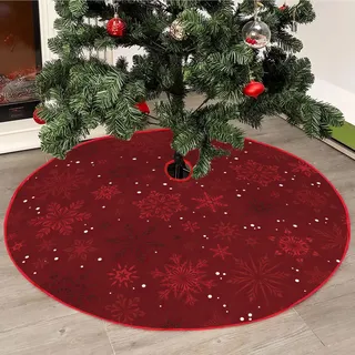 Mateju Weihnachtsbaum Rock Schneeflocke Weihnachtsbaumdecke Groß Tannenbaum Unterlage Rund Christbaumdecke Christbaumständer Teppich Baumdecke für Weihnachtsdeko Party (28inch,Dunkelrot)
