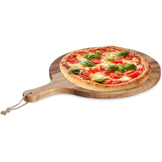Relaxdays Pizzabrett, rundes Schneidebrett aus Akazienholz, Ø 35,5 cm, Pizzateller mit Griff, Käsebrett, Natur