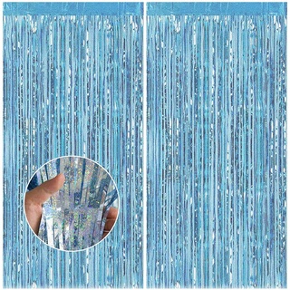 Feibmir 2 Stück Metallische Lametta Vorhänge,Glitzer Vorhang Deko,Folie Fringe Hintergrund Dekorative,für Geburtstagsfeier Baby Shower Hochzeit Weihnachten Dekorationen (Blau)