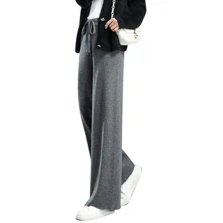 LIROMA Strickhose mit breitem Bein für Damen, Winter, Wollmischung, Freizeithose, gerippt, gerades Bein, elegant, Palazzo-Hose mit Kordelzug