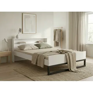 Bett OTTO HOME "Pannor, Industrial Design, mit Regal, Lattenrost inklusive", weiß, schwar, weiß, B:185cm H:79cm L:216cm, Betten, Bett, Kufengestell, bis 200 kg belastbar, FSC-zertifiziert, Made in EU