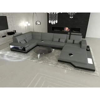Sofa Dreams Wohnlandschaft Ledersofa Messana U Form Mini, Designersofa, Sofa mit Licht und LED grau|schwarz