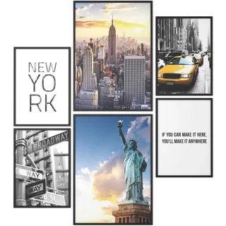 Papierschmiede® Mood Poster Set New York, Fertiges Bilder Set mit Rahmen (Holz, schwarz), Wohnzimmer Deko Schlafzimmer, 2x DIN A3 und 4x DIN A4, Freiheitsstatue USA America