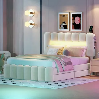 Merax 140 x 200 Polsterbett, Polsterbett mit 4 Schubladen, Polsterbet Bett mit LED-Lichtleiste mit USB und Stereoanlage, Beige