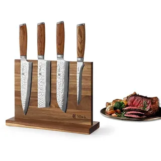 Wakoli Messer-Set Chef's Choice 4er Damast Küchenmesser Set & magnetischer Messerblock (Küchenmessern + Messerblock, 5-tlg., Fünf-teiliges Messerset), 4 Küchenmessern + magnetischer Messerblock braun|silberfarben