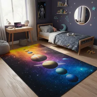 Tapiso Kinderteppich COSMO GAME mit Planetendesign, bunt, rutschfest, pflegeleicht 140 x 200 cm - Bunt