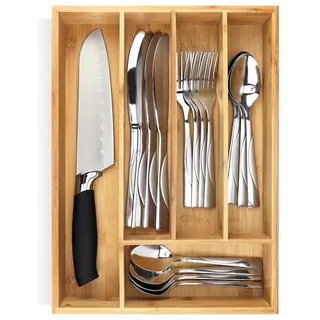 Pristine Bamboo Besteckkasten Universal Schubladeneinsatz Besteck Küche Büro Organizer Einsatz, 34,3 x 24,9 x 6,1 cm Bambus 5 Fächer braun