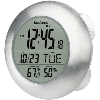Kadams Digitale Wanduhr für Bad und Dusche - Küchenuhr - Wasserfester Zeitmesser - Sekundenzähler - Temperatur- und Luftfeuchtigkeitsanzeige - Wandkalender - Mehrere Montagemöglichkeiten (Silber)