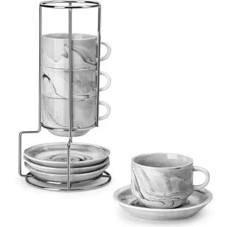 MALACASA Espressotassen 4er Set, 75 ml Espresso Tassen Dickwandig mit Untertassen & Ständer, Stapelbar Italienische Espressobecher aus Grau Porzellan, Spülmaschinengeeignet, Serie Regular