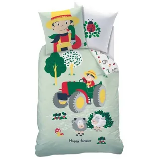 CTI Kinderbettwäsche Traktor Bettwäsche Trecker Happy Farmer 135 x 200 cm 80 x 80 cm, 2 teilig, Langlebig bunt