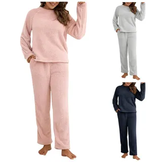Schlafanzug Pyjama,Damen Winter Warme Fleece Schlafanzug Flauschig Rundhals Sweatshirt Oberteile Einfarbig Plüsche Hose Pyjamas Set,Schlafen Nachtwäsche Zweiteilig mit Taschen,Winter Warm Anzug Set