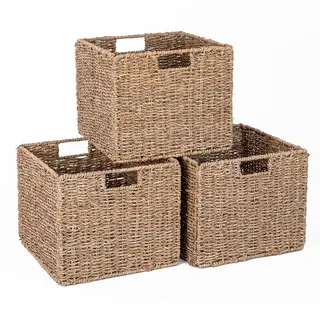 3er-Set Kallax Expedit Regal Korb/Kallax Korb Geflochten / 30,5 x 30,5 x 25,5H cm/Seegras Regalkorb/Faltkorb Flechtkorb/Regalbox Storage Box/Aufbewahrungskorb Regalkorb Faltbar