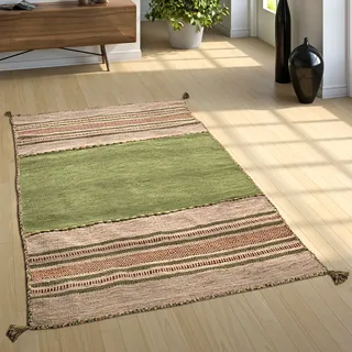 Designer Teppich Webteppich Kelim Handgewebt 100% Baumwolle Modern Gemustert Grün 120x170 Cm - Paco Home
