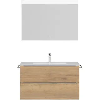 nobilia® Badmöbel-Set Levere, (2-St., vormontiert, mit Soft-Close), inkl. Spiegel mit Touch-Sensor, in vier Breiten braun 101 cm x 169 cm x 48,7 cm