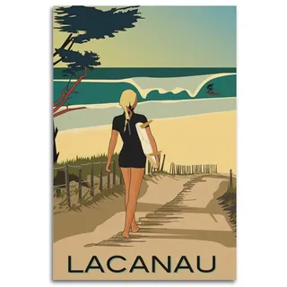 XMUXCY Wanddekoration, Leinwandposter, Landschafts-Poster, Retro-Illustration, Lacanau, Surfen, Strand, 30 x 45 cm, ungerahmter Stil
