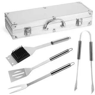 BlingBin Grillbesteck-Set 5-teilig Grill-Koffer mit Aluminiumkoffer, Outdoor BBQ Besteck Zubehör, (5er Set, 5 tlg., 5 Stück), Grillwerkzeugsets Mit Aufbewahrungsbox Für Camping Gartenfeste silberfarben