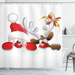 ABAKUHAUS Weihnachten Duschvorhang, Lustige Sankt-Ren, Stoffliches Gewebe Badezimmerdekorationsset mit Haken, 175 x 220 cm, Vermilion Caramel Weiß