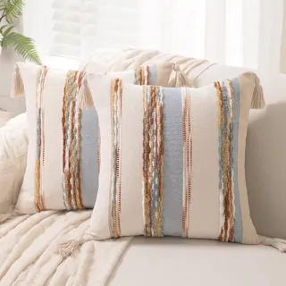 Bebusingoto Set Aus 2 Kissenbezügen Im Boho-stil, 45 X 45 Cm, Gewebt Und Gesteppt, Landhausstil, Mit Quasten, Strukturiertem Streifenmuster, Neutral, Hellblau