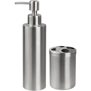 FACKELMANN Seifenspender & Zahnbürstenhalter Tecno, Spender für Flüssigseife aus hochwertigem Edelstahl, Halter für 4 Zahnbürsten, hochwertiger Zahnputzbecher (Farbe: Silber Matt), Menge: 1 x 2er Set