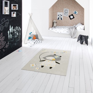 BALTA Kinderteppich Bär, Rechteckiger Kurzflorteppich, ideal für das Kinderzimmer - Spielzimmer, pflegeleicht - schmutzabweisend, Polypropylen, 120x170 cm, Grau - Mehrfarbig