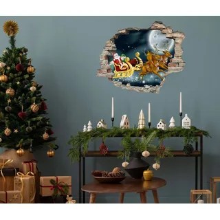 queence 3D-Wandtattoo Weihnachtsmann mit Rudolf (1 St), selbstklebender Wandsticker Weihnachten blau|bunt