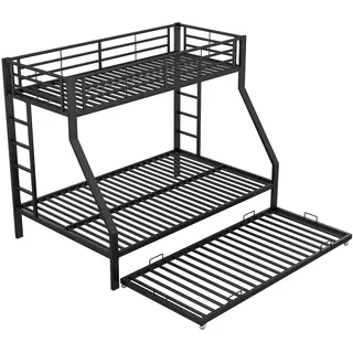 Merax Etagenbett für Erwachsene, Metallbett Hochbett mit ausziehbarem Bett 90x200cm/140x200cm/90x190cm, schwarz